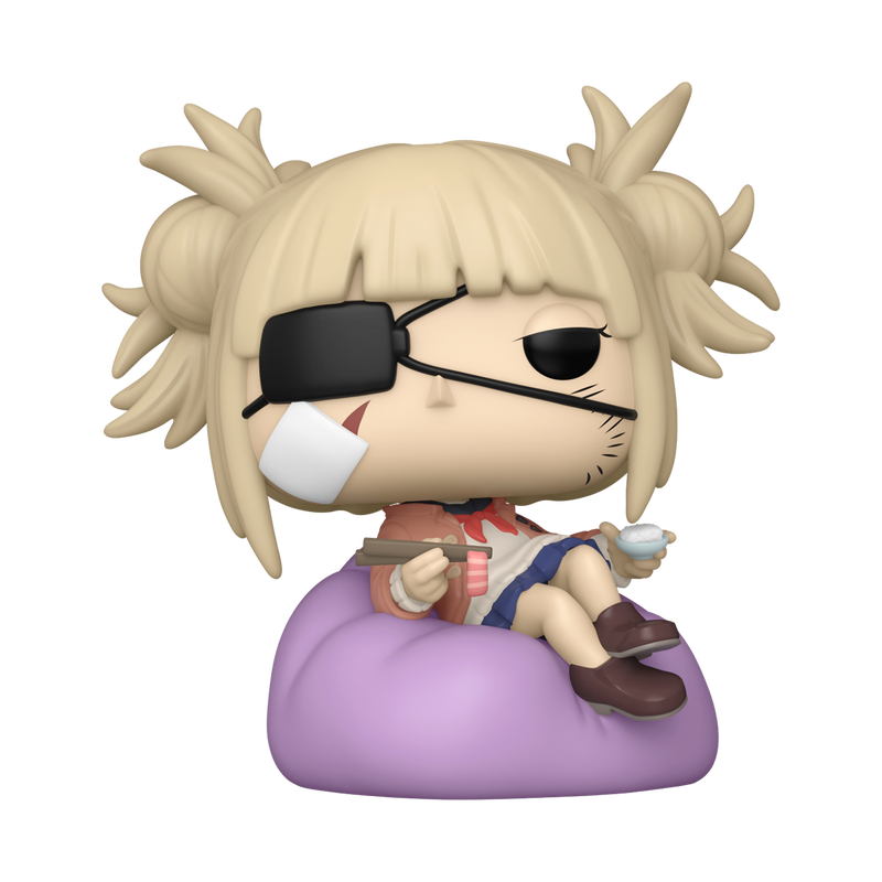 Pop! Himiko Toga with eyepatch and bandage, seated on a bean bag, eating sushi